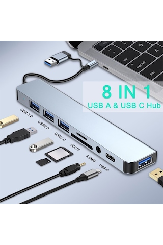 Youmex 8 Portlı Metal Usb A/usb-c Hub: Usb 3.0/2.0, 3.5mm Ses, Sd/tf Kart Okuyucu - Hızlı Veri Transferi Ve Çoklu Bağlantı