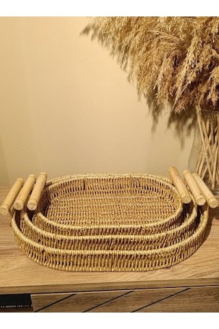 3lü Hasır Rattan Bambu Kulplu Örme Tepsi Organizer Diğer