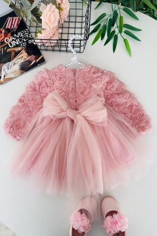 Miniğimin Cicileri Gül Desenli Kız Çocuk Uzun Kol Abiye Elbis... Pembe