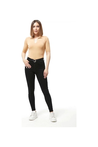 Defymoda Gömlek Yaka Yazlık Triko Bluz Bej