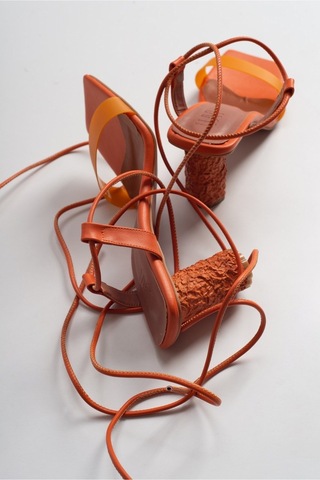 Tanya Turuncu Cilt Şeffaf Bantlı Bağcıklı Kadın Topuklu Sandalet Turuncu
