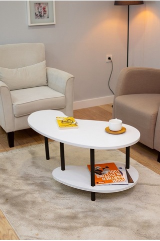 Yüksek Kalite Orta Sehpa 2 Raflı Ahşap Ayaklı Fasulye Gazetelikli Dekoratif Lüks Sehpa Beyaz