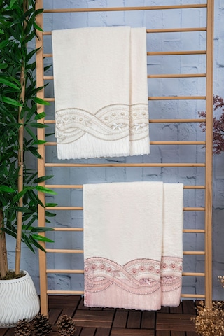 %100 Pamuk Fiyonk Güpürlü Çeyizlik 4'lü Havlu 50x90 - Krem - Pudr Krem - Pudra