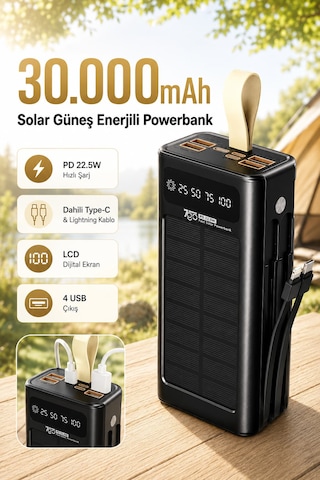 7go Gpw-09 30000mah Güneş Enerjili Powerbank Pd 22.5w Hızlı Şarj Dahili Type-c & Lightning Kablo Siyah