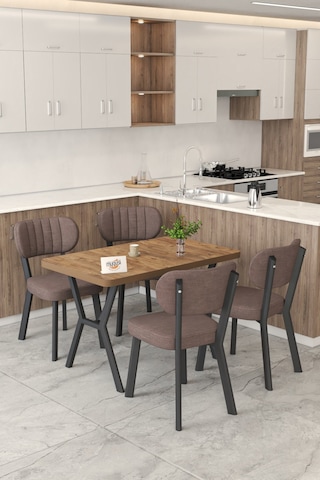 Gnr 70x110cm Sabit Atlantik Mutfak Masası Takımı, Yemek Masası, 4 Modern Kahverengi Sandalye Kahverengi