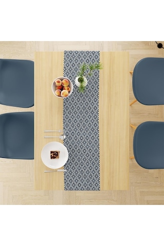 Mavi Geometrik Runner 140x45cm Ince Keten, Uluslararası Yıkama Ve Solmama Sertifikası Çok Renkli