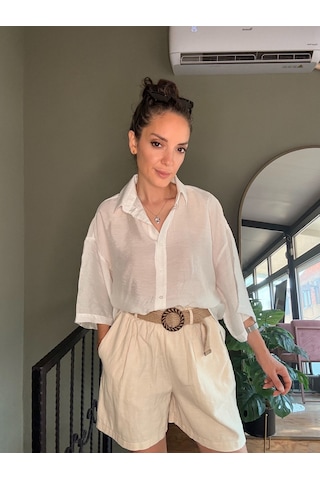 Ali Butik Beyaz Kısa Kollu Rahat Kalıp Dökümlü Gömlek