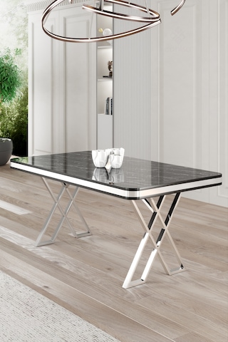 Raja Serisi 80x130 Lak Panel Sabit Masa Mutfak Masası Siyah Mermer Masa