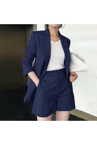 Zanzea İş Kıyafetleri Kadın Hırka Ve Şort Günlük İki Parçalı Takım Elbise Lacivert