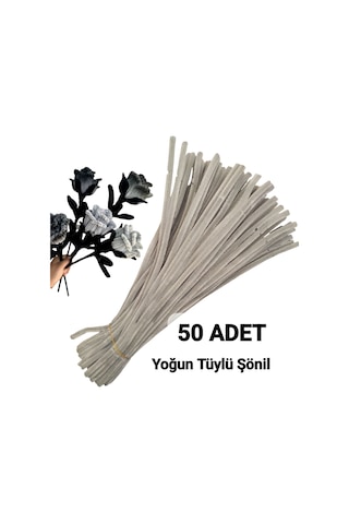 50 Adet Gri Şönil, Çiçek Yapımına Uygun Tüylü Tel, 30 Cm 6 Mm