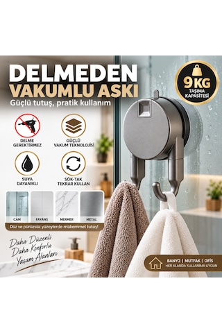 Vakumlu Havlu Bornoz Askısı 9 Kg Çift Kancalı Delmeden Montaj Banyo Mutfak Duvar Askısı Gri