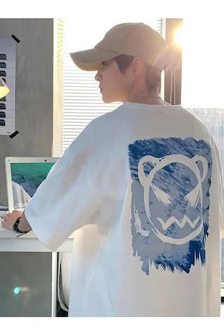 Tarzyeri Erkek Tişört Bisiklet Yaka Kore Sevimli Ayı Baskı Kısa Kol T-shirt - Beyaz Mor
