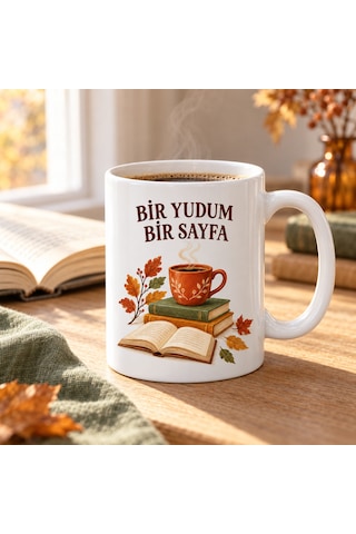 Bir Yudum Bir Sayfa Kitap Ve Kahve Temalı Porselen Kupa - Sonbahar Tasarımı - Model 257 Diğer