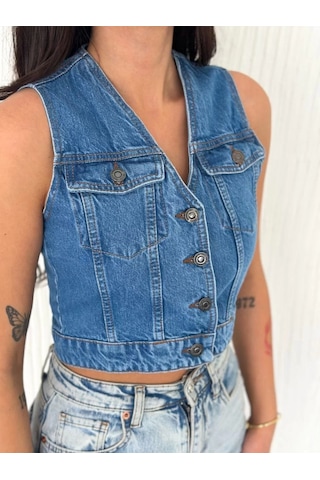 Mzpkartan Kot Jeans Kadın Yelek - Mavi Mavi