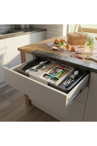 Çekmece İçi Sürgülü Çatal Kaşık Ve Bıçaklık Organizeri - Genişleyebilir Modüler Mutfak Düzenleyici Açık 55 Cm, Kapalı 34 Cm - Açık Gri Ve Antrasit Renk Abanoz