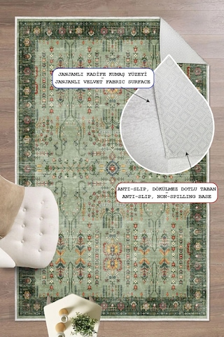 Pelura Vintage Desenli Baskılı Yıkanabilir Kaymaz Salon Oturma Odası Hol Antre Halısı Yolluk Yeşil