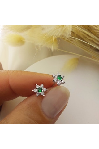 925 Ayar Gümüş Yeşil Taşlı Minimal Lotus Küpe Gümüş