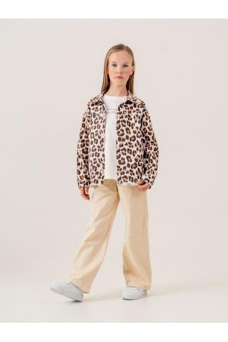 Kız Çocuk Leopar Desenli Kot Ceket İçi T-shirt Takım-15511 Kahverengi
