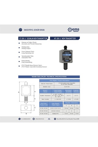 Ems Kontrol - Sıcaklık Nem Transmitteri Modbus Rtu / (-20) - (+80) °C
