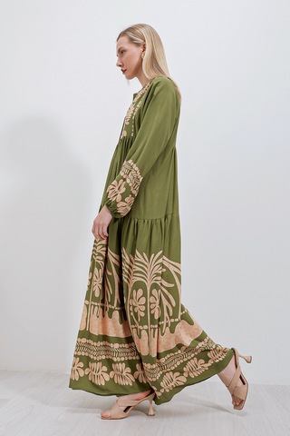 Bigdart 2423 Otantik Desenli Elbise - Haki