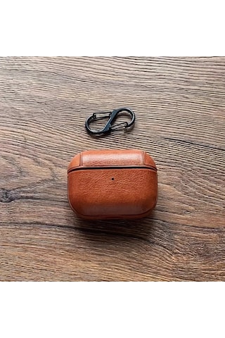 Airpods Pro 3 2025 Uyumlu Lüx Deri Suni Deri Kılıf 360 Koruma+kanca Açık Kahverengi