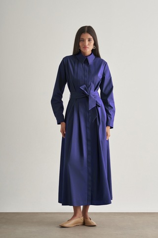 Mizalle Premium Saf Pamuk Lacivert Piliseli Uzun Elbise Lacivert