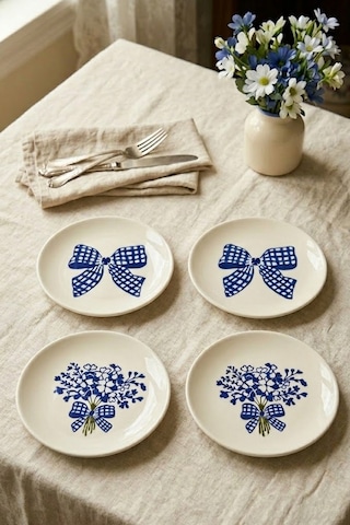 Blue Gift 4 Lü Çiçek Desenli Seramik Tatlı Tabağı 16 Cm Pasta Kahvaltı Sunum Tabak Seti Beyaz