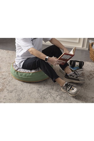 Gri Çiçek Desenli Dekoratif Taşınabilir Yuvarlak Puf Yer Minderi