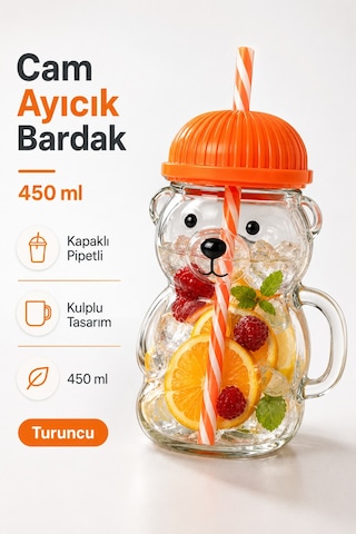 Sihirli Cam Ayıcık Bardak 450 Ml Kapaklı Pipetli Cam Kupa Ayı Figürlü İçecek Bardağı Turuncu