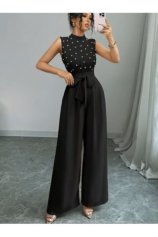 Efnaz Style Kadın Balıkçı Yaka Kolsuz Incili Beli Kuşaklı Uzun Janjan Tulum Siyah