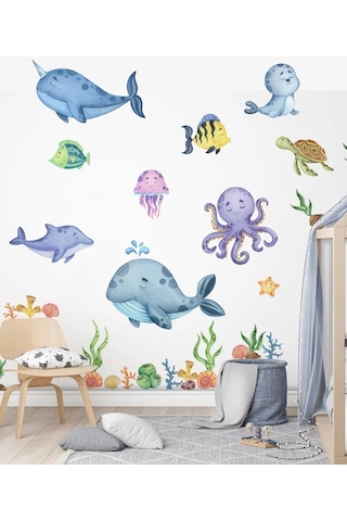 Eğitici Sevimli Deniz Hayvanları Ve Bitkiler Sticker Seti Büyük Boy