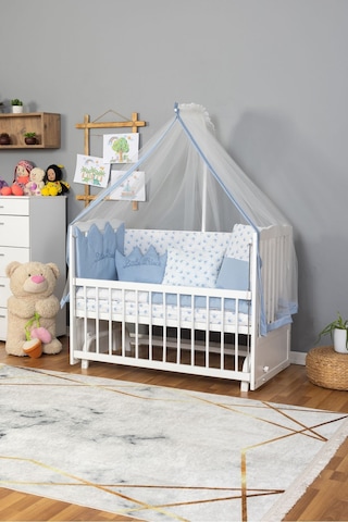 Ahşap Beşik Anne Yanı Beşik Beyaz 60x120 Mavi Prens Erkek Uyku Seti Yatak Beyaz