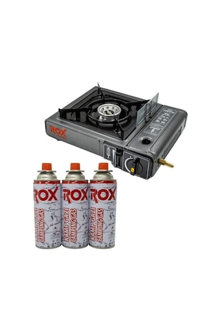 Rox Camping 0103 Tekli Portatif Kamp Ocak Rüzgarlıklı Ekstra Gaz Girişli - 3 Adet Rox Valfli Kamp Gazı Kartuş 227gr Hediyeli Antrasit