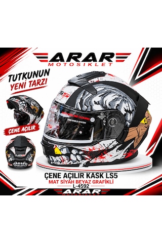 Çene Açılır Kask Ls5 Mat Siyah Beyaz Grafikli L-4592