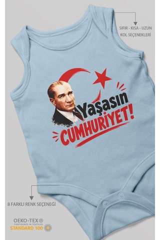 Morivokids Yaşasın Cumhuriyet Sıfır Kol Bebek Body %100 Pamuk Bebe Mavisi
