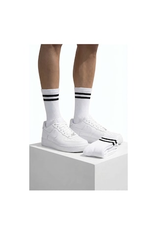 Lykos 2 Çift Beyaz Tenis Çorabı - Çizgili Retro Soket Çorap Seti - Pamuklu Konfor