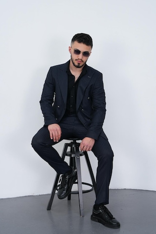 Dupont Classics Dupont Slim Fit Sivri Yaka 6 Drop Çift Yırtmaç Çizgili Viskon Kruvaze Erkek Takım Elbise Lacivert