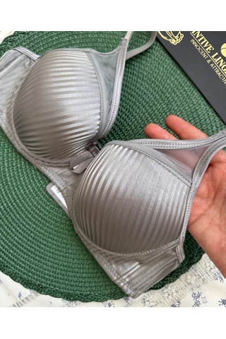 Evelyn Parlak Saten Çizgi Detaylı C Cup Balenli Desteksiz Önü Tül Gri
