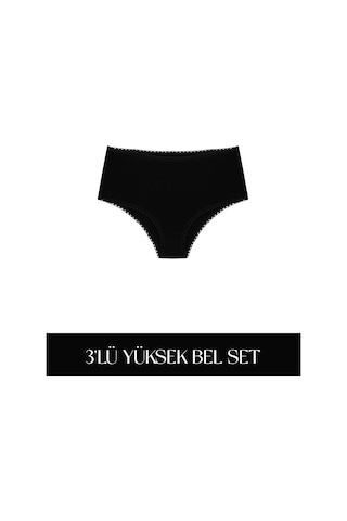 Cotvie Siyah Pamuklu Yüksek Bel 3'lü Set Külot Siyah
