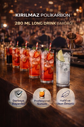 Polikarbon Kırılmaz 280 Ml Long Drink Bardağı Cam Görünümlü Şık Tasarım Şeffaf