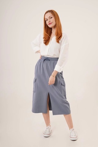 Defymoda Ön Yırtmaçlı Cep Detaylı İndigo Etek İndigo