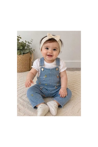 Baby Buu Çiçek Nakışlı Kot Salopet 2 Li Bebek Takım Beyaz Beyaz