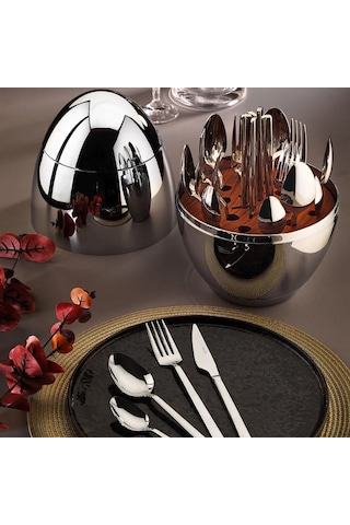 Fecra Silver Egg Standlı 24 Parça Çatal Kaşık Bıçak Takımı Gümüş