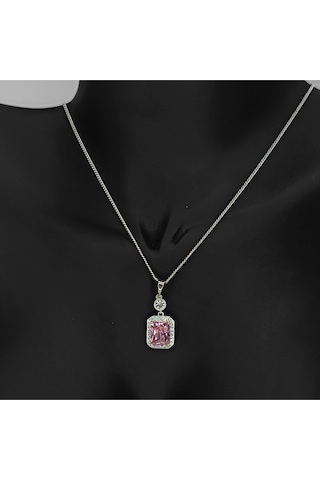 Pembe Baget Taşlı Kolye&küpe Set - Gümüş Pembe