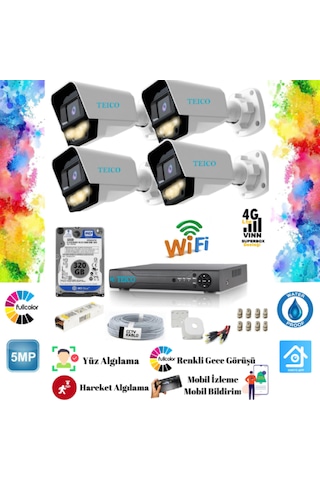5 Mp Ultra Hd 4 Kameralı 320 Gb Harddisk Dahil Renkli Güvenlik Kamera Seti Teico- 60145n 5 Mp Ultra Hd 4 Kameralı 320 Gb Harddisk Dahil Renkli Güvenlik Kamera Seti Teico- 60145n