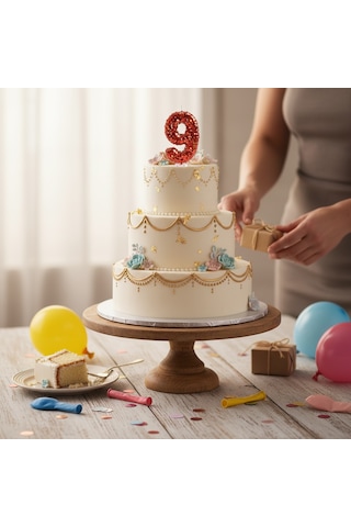 Turuncu Simli Pasta Mumu Doğum Günü Mum 9 Yaş