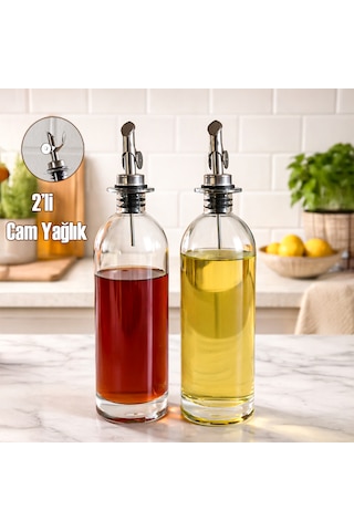 Porsima 3890-1 Gümüş Sızdırmaz Kapaklı Cam 2 Li Yağlık Sirkelik Yağdanlık Seti 500+500 Ml Şeffaf- Gümüş