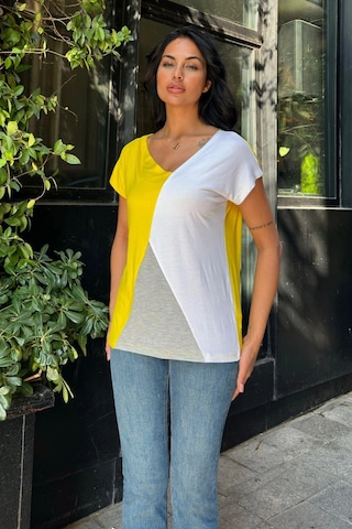Beyaz Sarı Penye Basic Bluz Beyaz