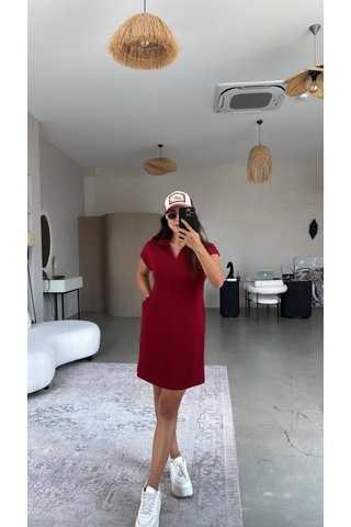 Hazego Kadın Polo Yaka Mini Elbise Bordo