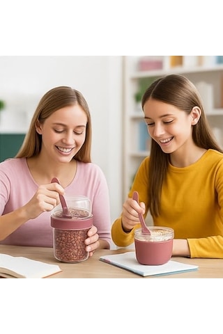Pembe Saklama Kabı 2 Katlı Taşınabilir Yemek Kabı, Kaşık Ve Çatal Dahil 18x10 Cm Bakır